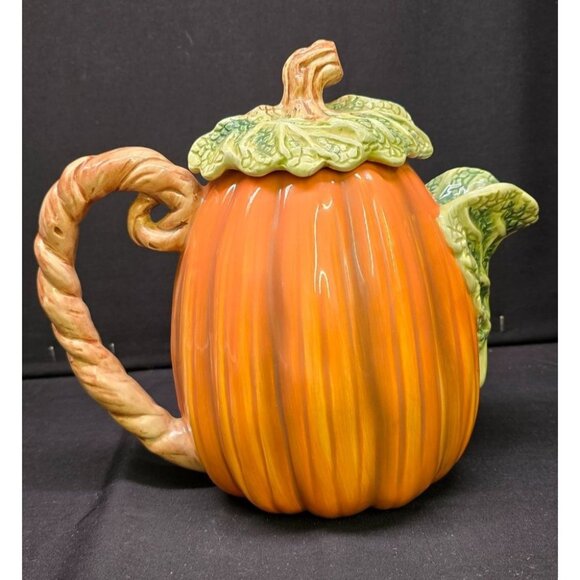 Vintage Fitz & Floyd Omnibus Fall Halloween Pumpkin Shaped Teapot with Lid - Picture 1 of 9